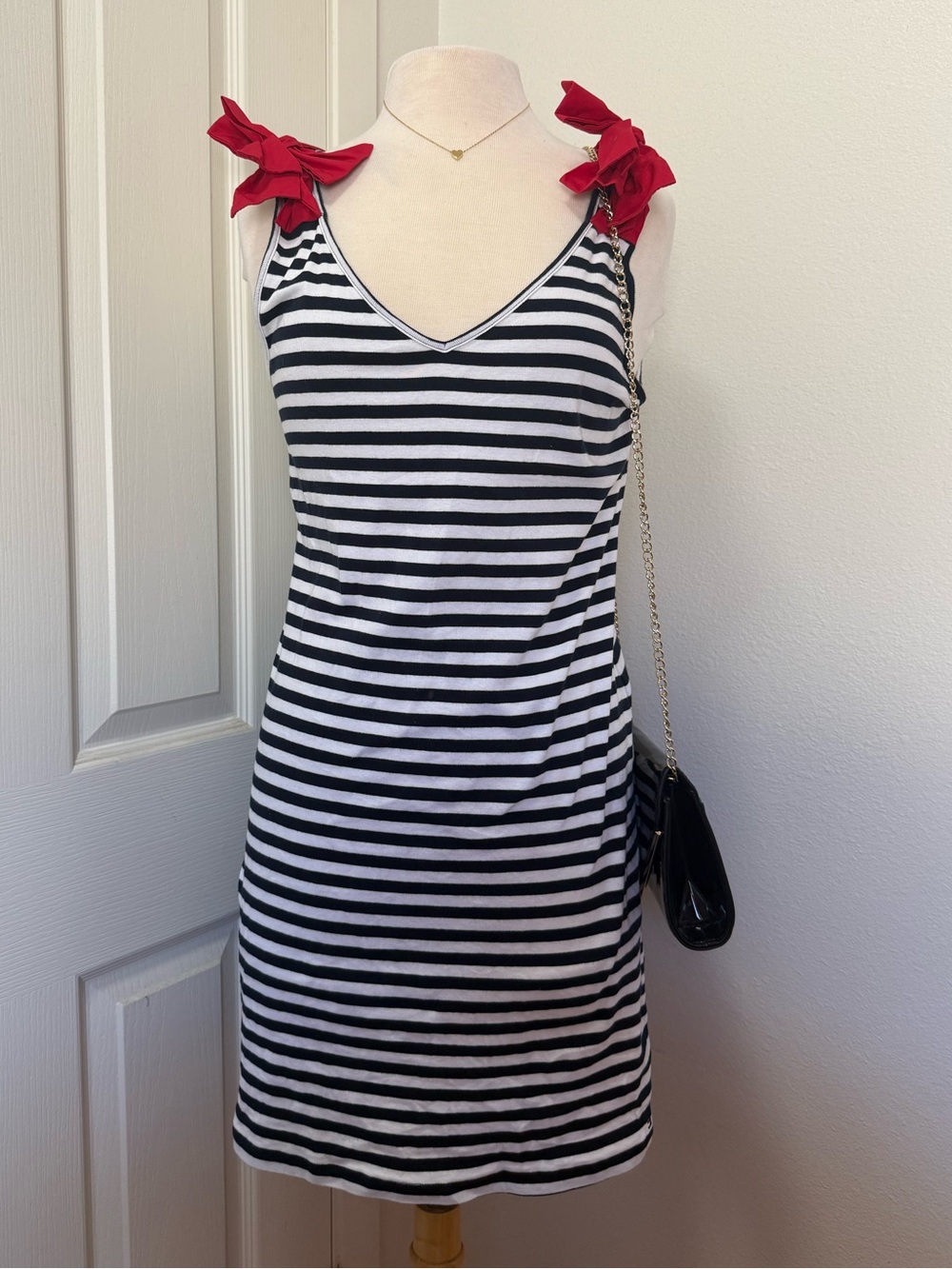 Tommy Hilfiger Black & White Striped Mini Dress with Red Tie Shoulders
